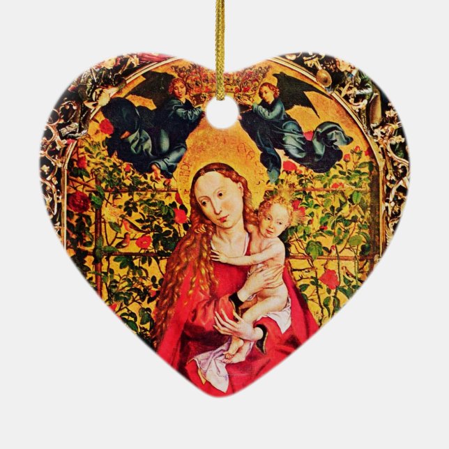 MADONNA OF THE ROSE BOWER MISTLETOES,HOLLY BERRIES CERAMIC ORNAMENT (Back)
