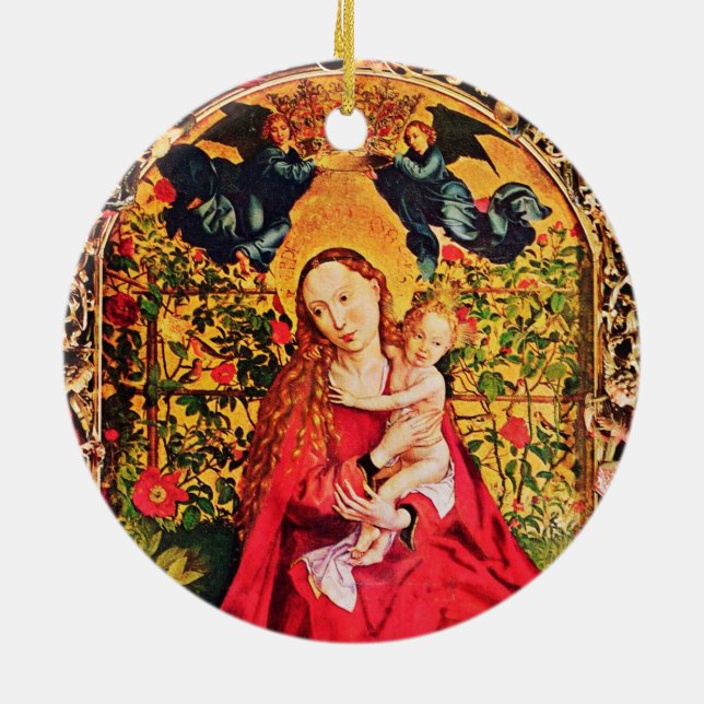 MADONNA OF THE ROSE BOWER MISTLETOES,HOLLY BERRIES CERAMIC ORNAMENT (Back)