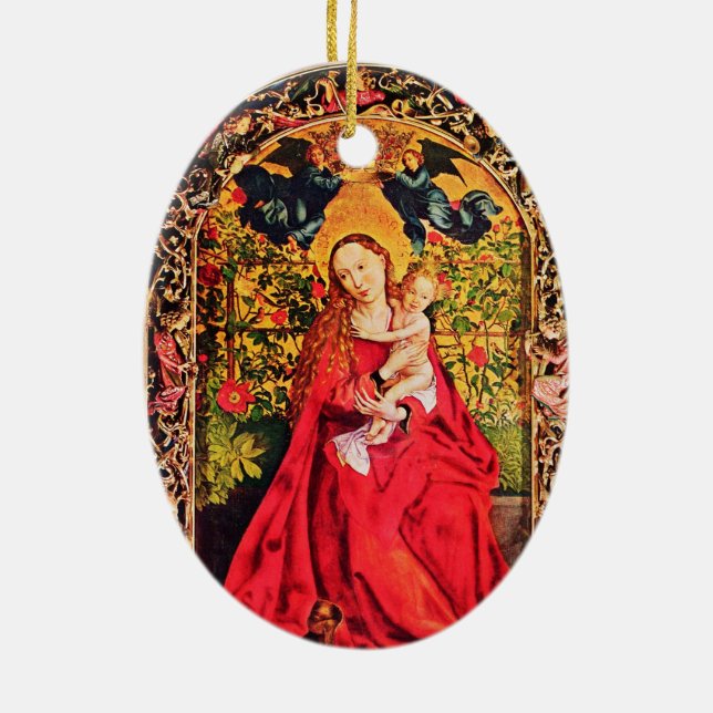 MADONNA OF THE ROSE BOWER MISTLETOES,HOLLY BERRIES CERAMIC ORNAMENT (Back)