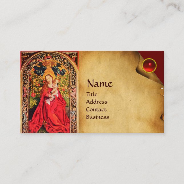MADONNA OF THE ROSE BOWER PARCHMENT ,Red Ruby Gem Business Card (Front)