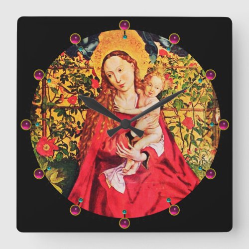 MADONNA OF THE ROSE BOWER PINK AMETHYST GEMSTONES SQUARE WALL CLOCK