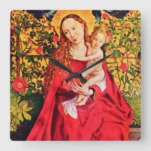 MADONNA OF THE ROSE BOWER,PINK FUCHSIA GEMS, White Square Wall Clock