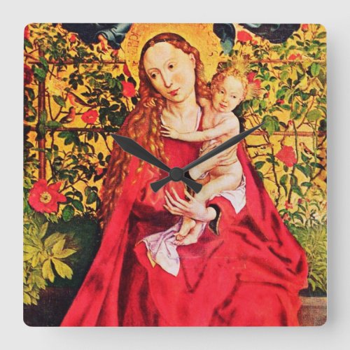 MADONNA OF THE ROSE BOWERPINK FUCHSIA GEMS White Square Wall Clock