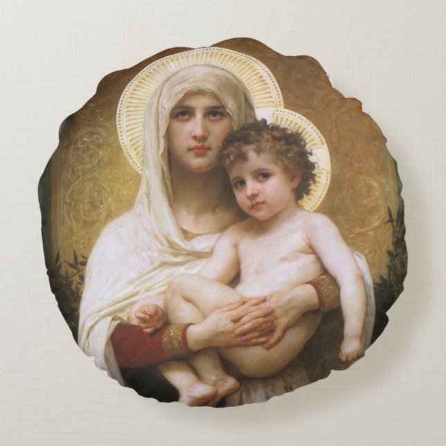 Madonna of the Roses by Bouguereau Round Pillow (Back)