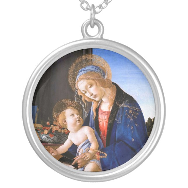 Madonna teaches the child Jesus Sandro Botticelli Silver Plated Necklace (Front)