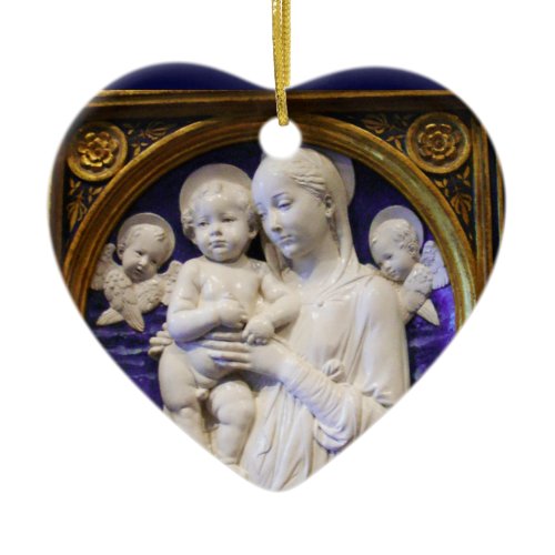 MADONNA WITH CHILD AND ANGELS Blue Sapphire Heart Ceramic Ornament