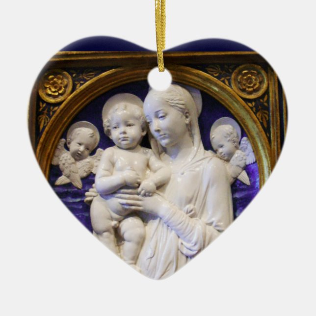 MADONNA WITH CHILD AND ANGELS Blue Sapphire Heart Ceramic Ornament (Front)