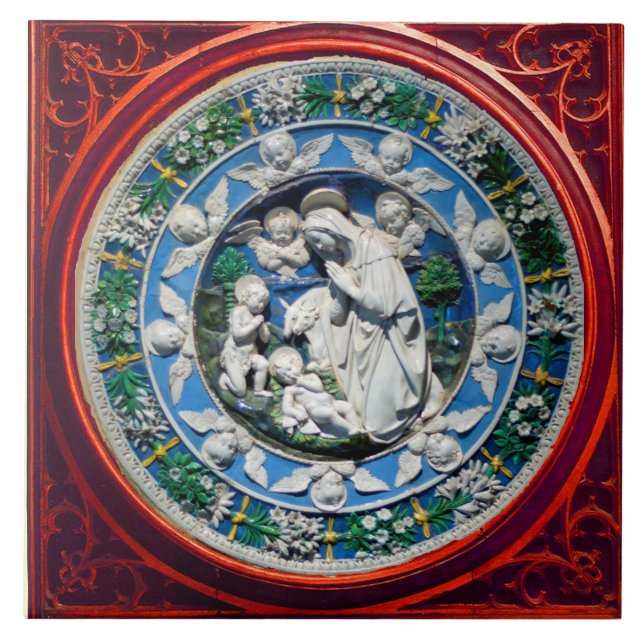 MADONNA WITH CHILD AND ANGELS FLORAL CROWN CERAMIC TILE (Front)