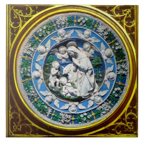 MADONNA WITH CHILD AND ANGELS FLORAL CROWN CERAMIC TILE