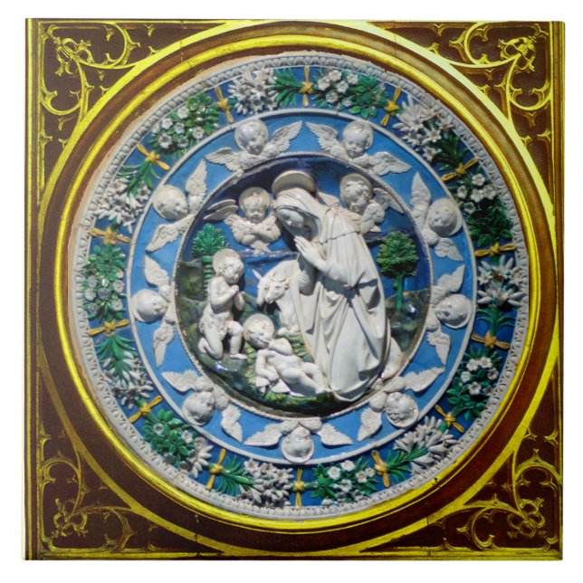 MADONNA WITH CHILD AND ANGELS FLORAL CROWN CERAMIC TILE (Front)