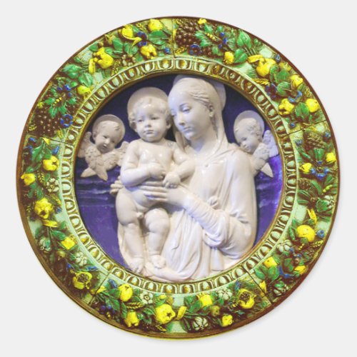 MADONNA WITH CHILD AND ANGELS  FLORAL CROWN CLASSIC ROUND STICKER