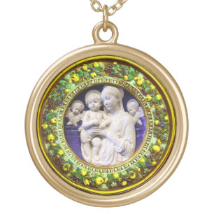 MADONNA WITH CHILD AND ANGELS FLORAL CROWN GOLD PLATED NECKLACE