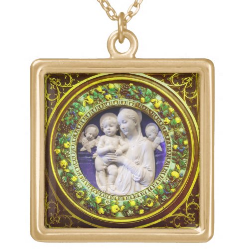 MADONNA WITH CHILD AND ANGELS FLORAL CROWN GOLD PLATED NECKLACE