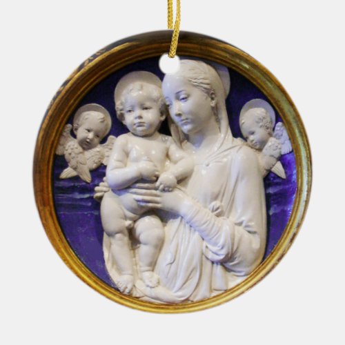 MADONNA WITH CHILD AND ANGELS Round Blue Sapphire Ceramic Ornament