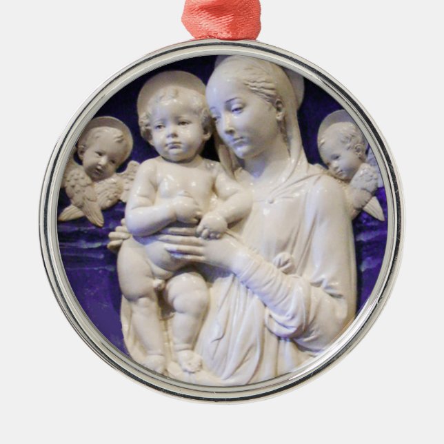 MADONNA WITH CHILD AND ANGELS Round Blue Sapphire Metal Ornament (Front)