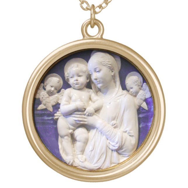 MADONNA WITH CHILD AND ANGELS Round Gold Plated Necklace (Front)