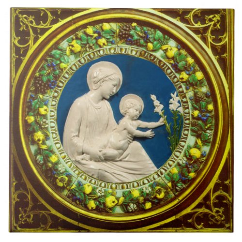 MADONNA WITH CHILD AND WHITE LILIES  FLORAL CROWN  CERAMIC TILE