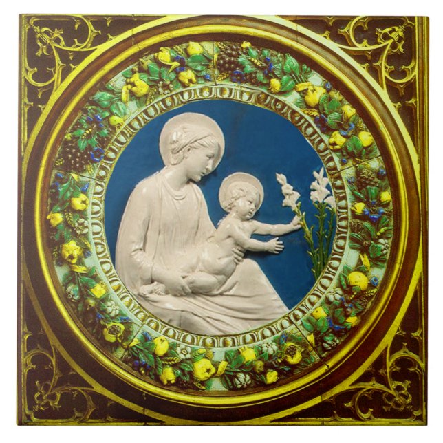 MADONNA WITH CHILD AND WHITE LILIES  FLORAL CROWN  CERAMIC TILE (Front)