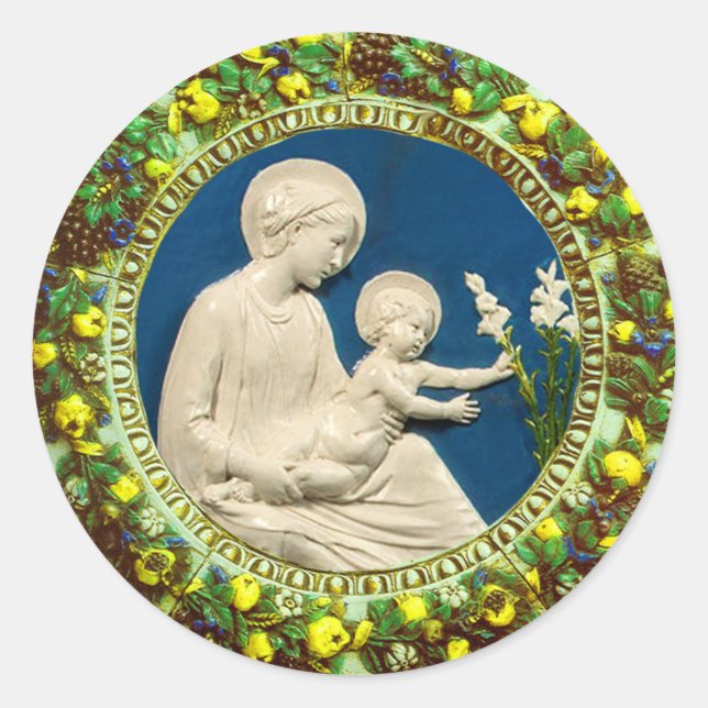 MADONNA WITH CHILD AND WHITE LILIES  FLORAL CROWN  CLASSIC ROUND STICKER (Front)