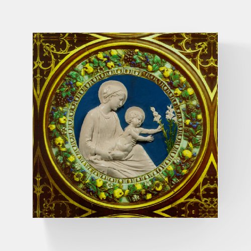 MADONNA WITH CHILD AND WHITE LILIES  FLORAL CROWN  PAPERWEIGHT