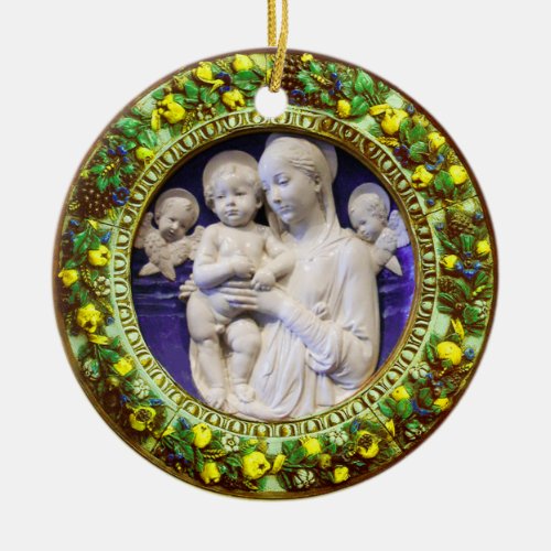 MADONNA WITH CHILD ANGELS FLORAL CROWN Blue Gem Ceramic Ornament