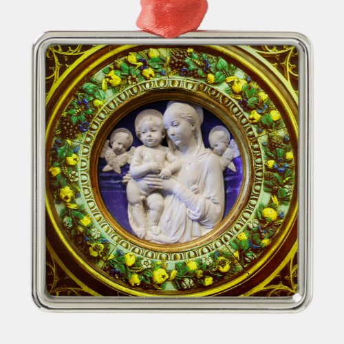 MADONNA WITH CHILD ANGELS FLORAL CROWN Blue Gem Metal Ornament