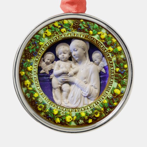 MADONNA WITH CHILD ANGELS FLORAL CROWN Blue Gem Metal Ornament