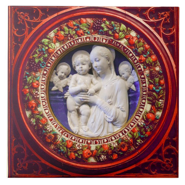 MADONNA WITH CHILD,ANGELS RENAISSANCE FLORAL CROWN CERAMIC TILE (Front)
