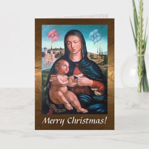 Madonna With Child Book and Cherubs Holiday Card