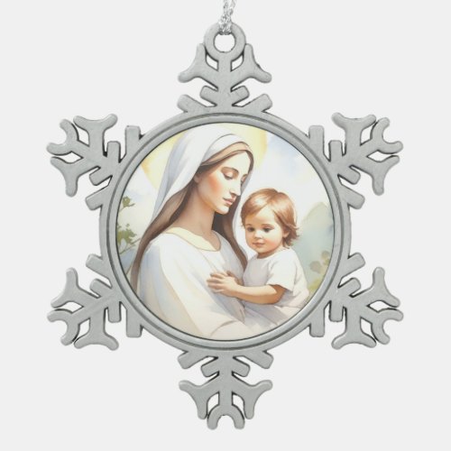 Madonna with Child Jesus Snowflake Pewter Christmas Ornament