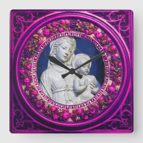 MADONNA WITH CHILD PINK FLORAL RENAISSANCE CROWN SQUARE WALL CLOCK