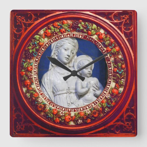 MADONNA WITH CHILD RED FLORAL RENAISSANCE CROWN SQUARE WALL CLOCK