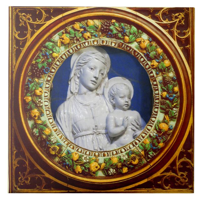 MADONNA WITH CHILD,RENAISSANCE FLORAL CROWN CERAMIC TILE (Front)