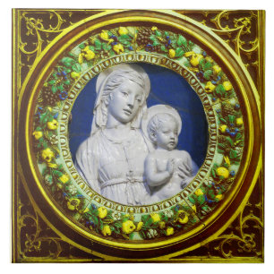 MADONNA WITH CHILD,RENAISSANCE YELLOW FLORAL CROWN CERAMIC TILE