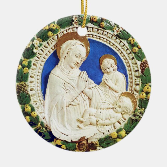 MADONNA WITH CHILD  Round Blue Sapphire Ceramic Ornament (Front)