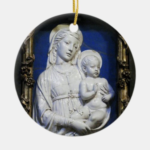 MADONNA WITH CHILD Round Blue Sapphire Ceramic Ornament