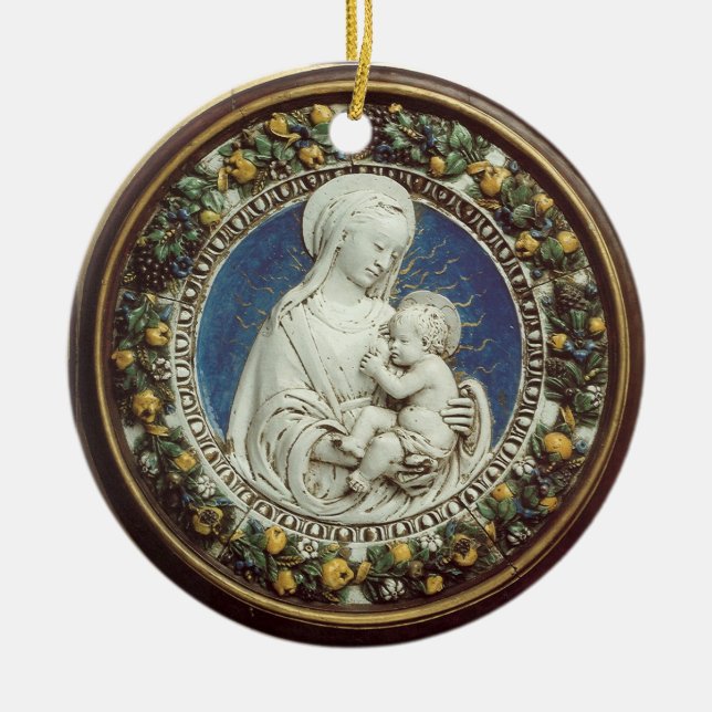 MADONNA WITH CHILD  Round Blue Sapphire Ceramic Ornament (Front)