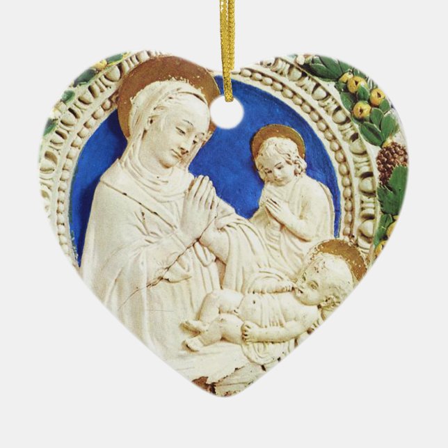 MADONNA WITH CHILD  Round Blue Sapphire Heart Ceramic Ornament (Front)