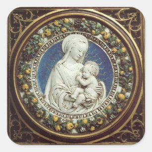 MADONNA WITH CHILD, Round Floral Christmas Crown Square Sticker