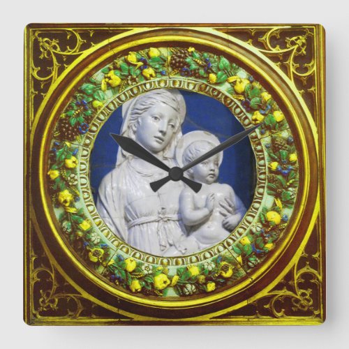 MADONNA WITH CHILD YELLOW FLORAL RENAISSANCE CROWN SQUARE WALL CLOCK