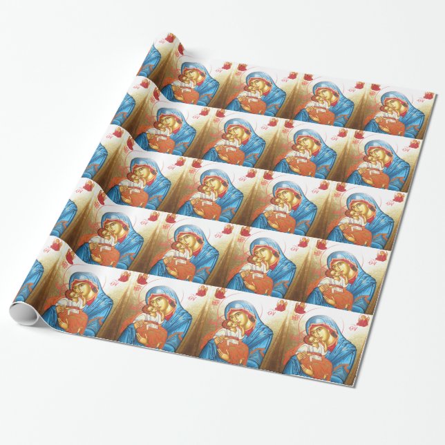 Madonna with Jesus Byzantine Religious Icon gold Wrapping Paper (Unrolled)