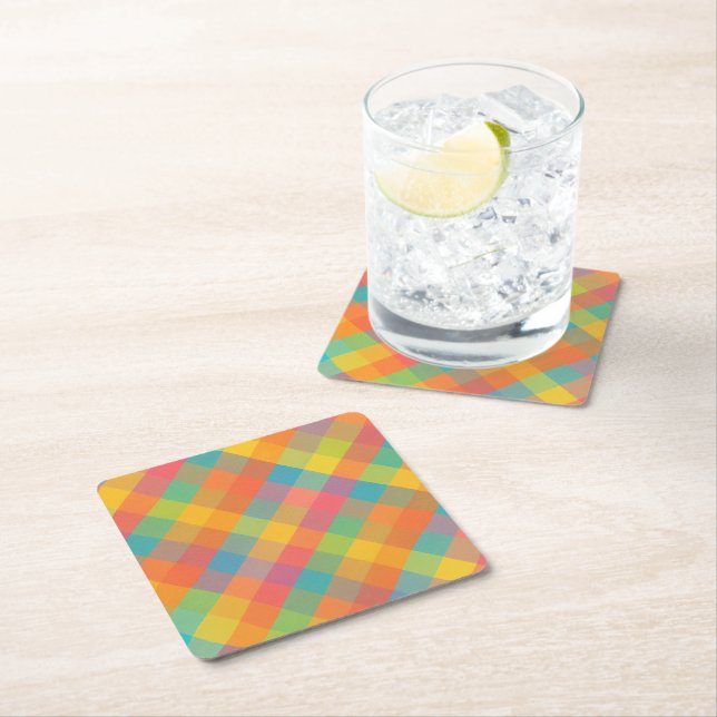 Madras Breeze – Diagonal Plaid Paper Coasters  (Insitu)