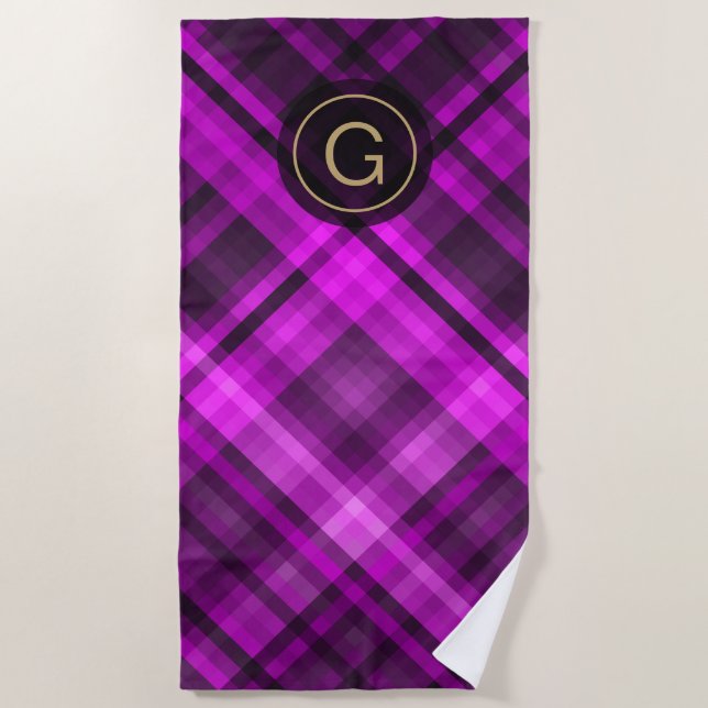 Madras Hot Pink Diagonal, Personalized Monogram Beach Towel (Front)