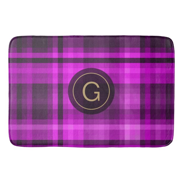 Madras Hot Pink Pattern Initial Personalized Bath Mat (Front)