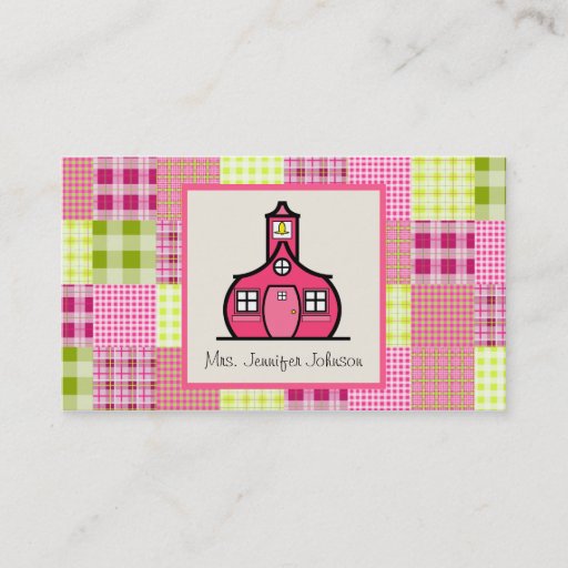 Customizable Madras Inspired Plaid / Pink Schoolhouse Teacher Business Card