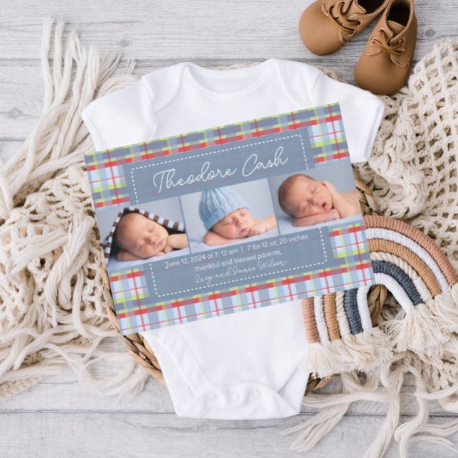 Madras Plaid Baby Birth Announcement (madras plaid, baby announcement template, birth announcement, boy birth announcement, traditional)