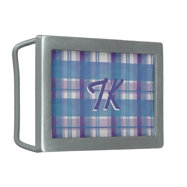 Madras Plaid Blue and Purple Belt Buckle (Front Left)