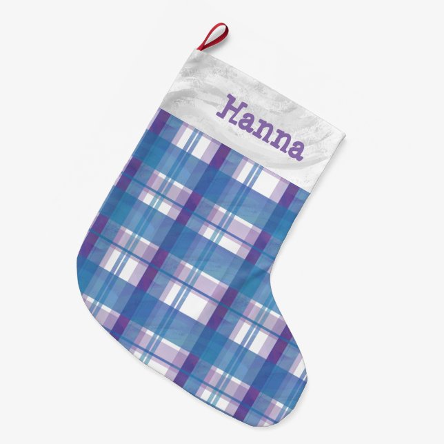 Madras Plaid Blue and Purple Large Christmas Stocking (Front (Hanging))
