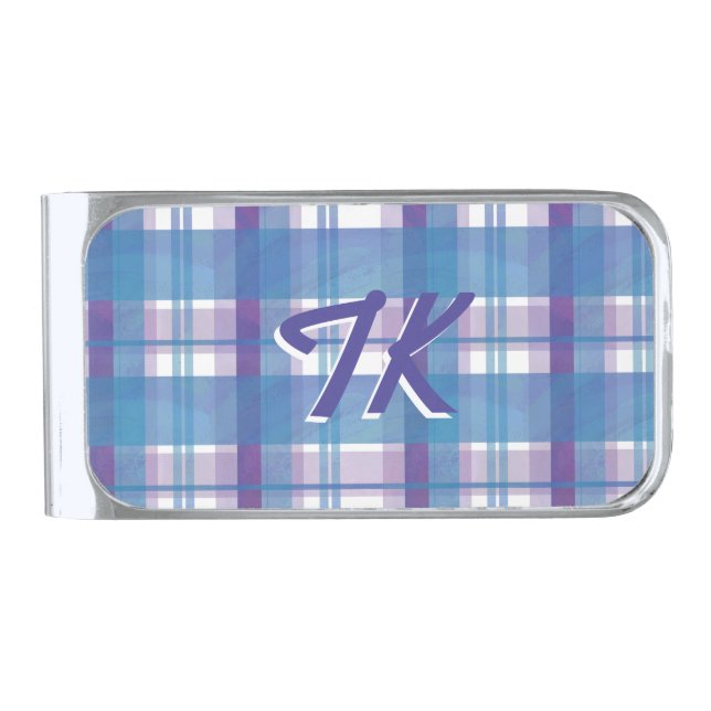 Madras Plaid Blue and Purple Silver Finish Money Clip (Front)