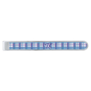 Madras Plaid Blue and Purple Silver Finish Tie Clip